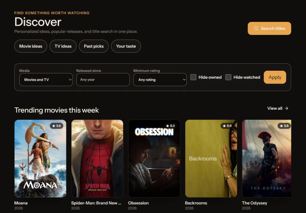 Nooklet Discover screen showing title search, filters, and trending movies