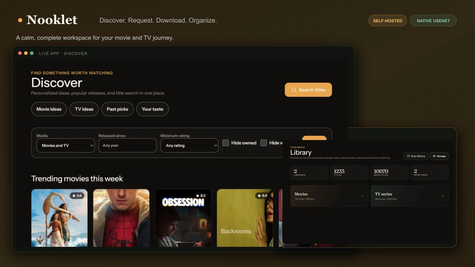 Nooklet Discover workspace with a Library overview inset