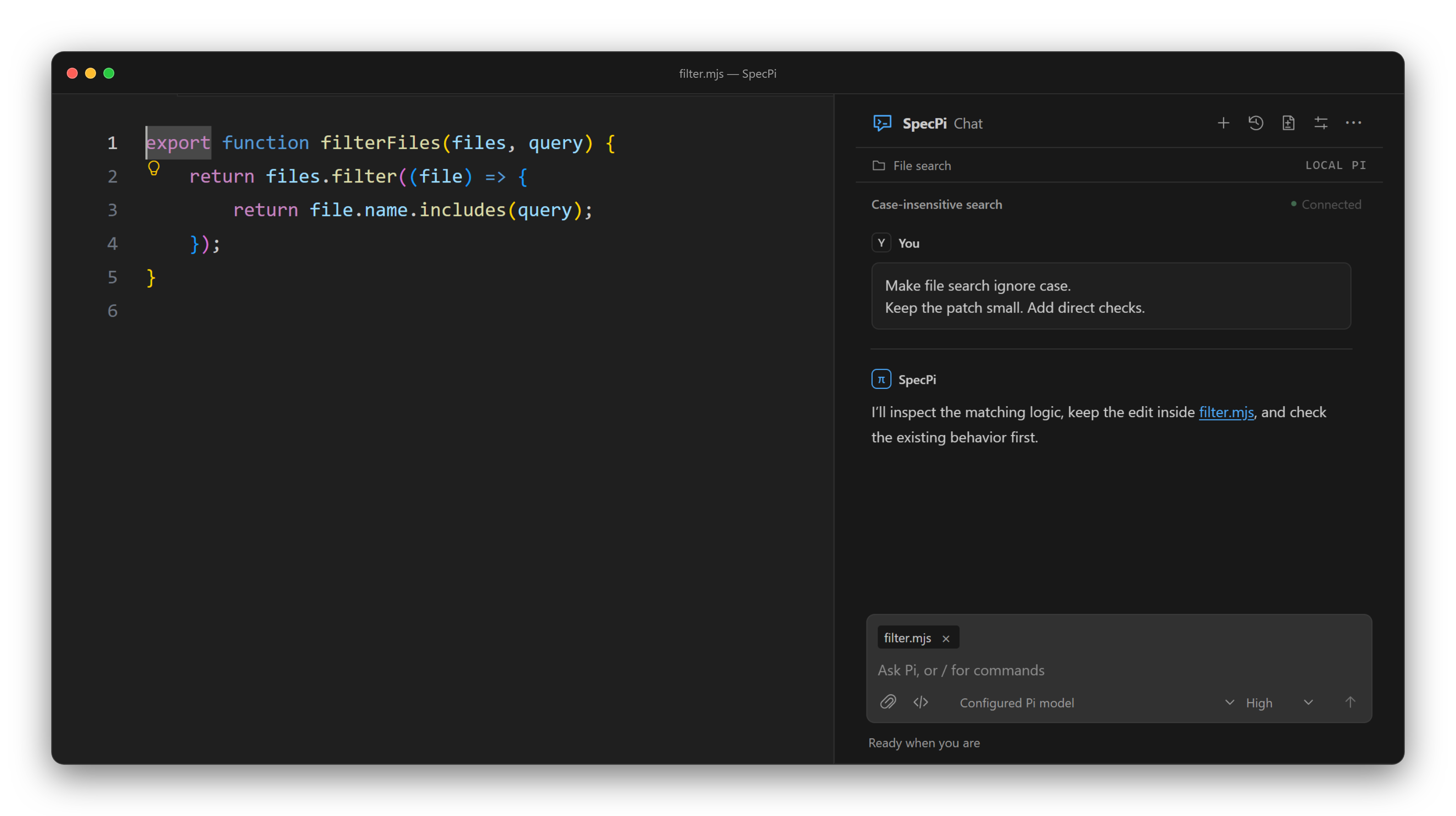 SpecPi Chat in VS Code: an open file beside the chat panel discussing a focused change.