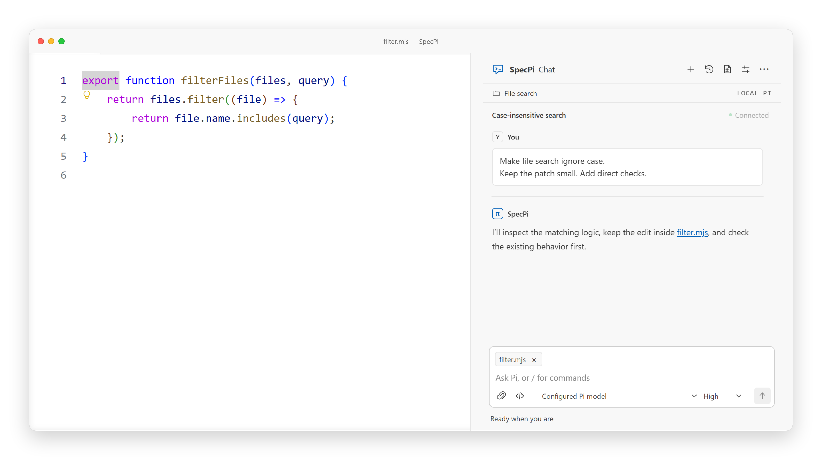 SpecPi Chat in VS Code: an open file beside the chat panel discussing a focused change.