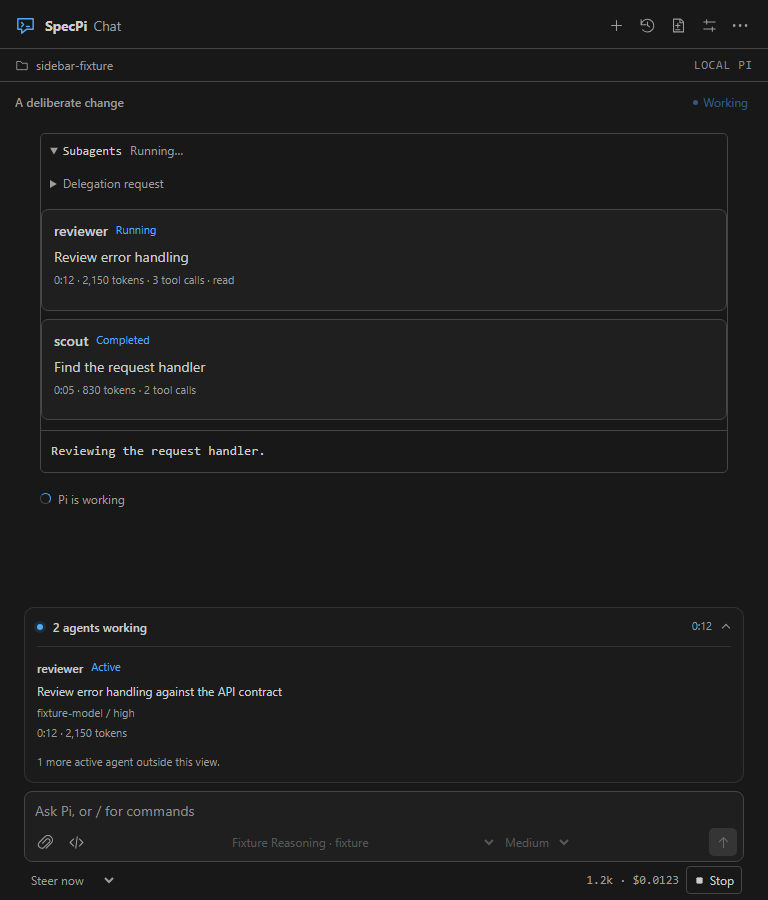 SpecPi Chat showing individual delegated agent results and a live activity panel in an example conversation.