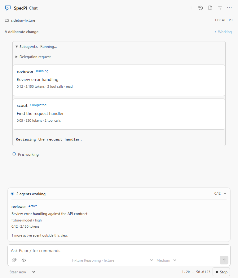 SpecPi Chat showing individual delegated agent results and a live activity panel in an example conversation.