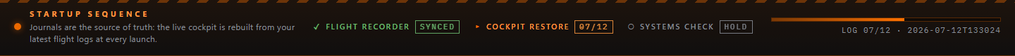 Frameshift startup initiation sequence: flight recorder, cockpit restore and systems check stages